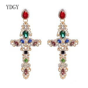 YDGY Baroque Gold Color Big Cross Earrings For Women Large Long Earrings Jewelry Brincos 2017 Rhinestones Dangle Earrings
