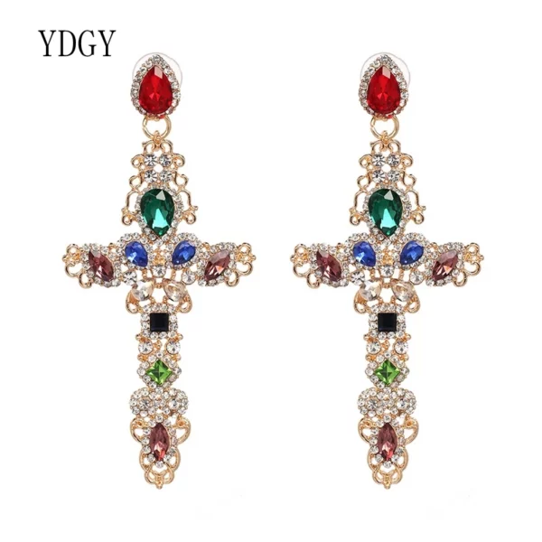 YDGY Baroque Gold Color Big Cross Earrings For Women Large Long Earrings Jewelry Brincos 2017 Rhinestones Dangle Earrings