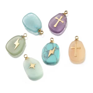 2Pcs Natural Stone With Stainless Steel Gold Sun Cross Charms Pendants Diy For Handmade Necklace Earring Jewelry Findings Making