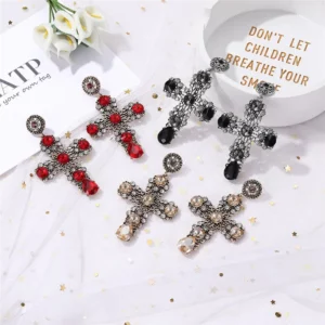 JURAN Luxury Women Fashion Vintage Crystal Gold Cross Earring Punk Metal With Gems Dangle Earrings For Women Accessories Brincos