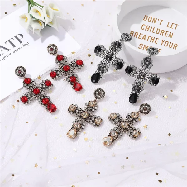 JURAN Luxury Women Fashion Vintage Crystal Gold Cross Earring Punk Metal With Gems Dangle Earrings For Women Accessories Brincos