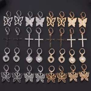 New Bling Crystal Butterfly Heart Cross Drop Earrings for Women Gold Silver Color Geometric Dangle Earring 2022 Trendy Jewelry