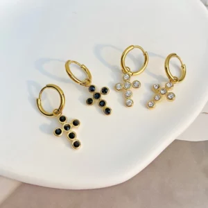 14K Gold Plated Dangle Drop Hoop Earrings for Women Hypoallergenic Dainty Black White Glass Stone Paved Cross Earring Gift