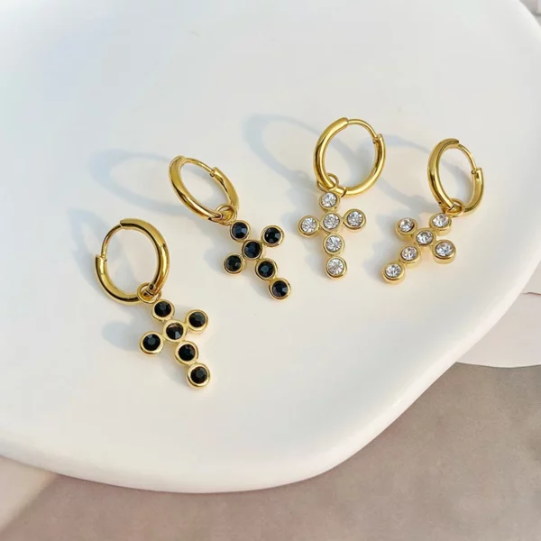 14K Gold Plated Dangle Drop Hoop Earrings for Women Hypoallergenic Dainty Black White Glass Stone Paved Cross Earring Gift